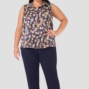 Halogen Sleeveless Floral Blouse Navy, White, Golden Brown size 1X